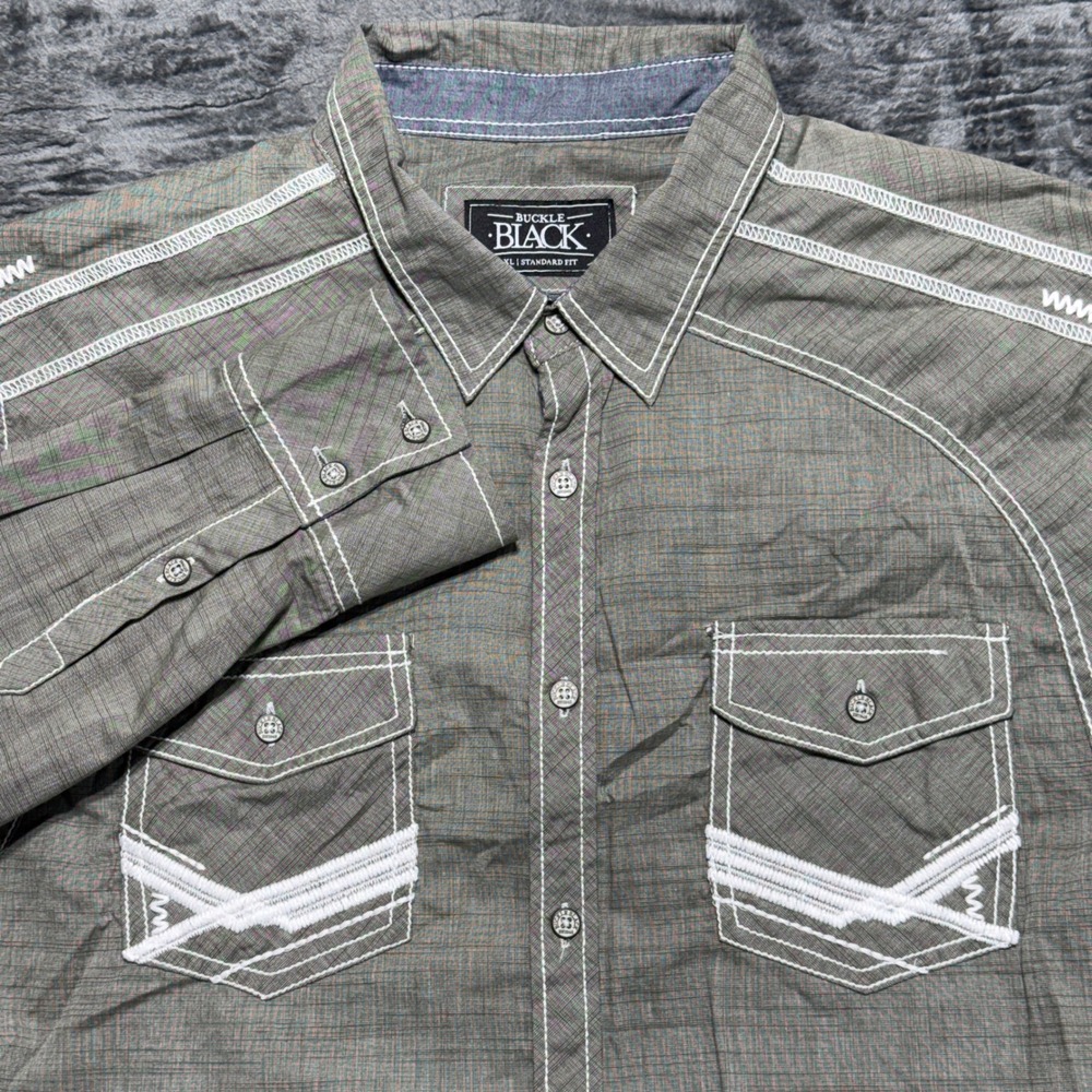 Buckle‎ Black Button Down Mens XL Grey Long Sleeve Standard Fit Contrast Stitch